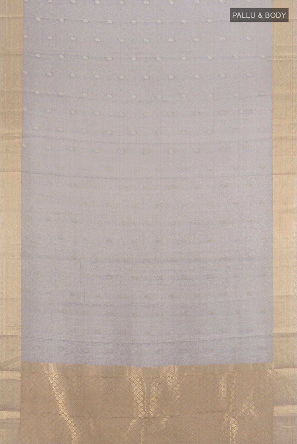 Flat view of Davys Grey Mysore Georgette Saree with Zari Butta on the body and Zari Border. 