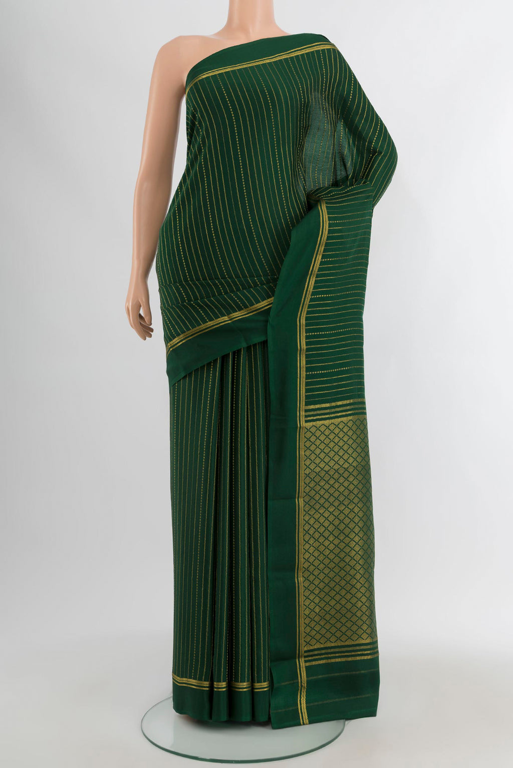 Bottle Green Mysore Crepe Saree with Stripes on the body and Plain Border.  displayed on a mannequin