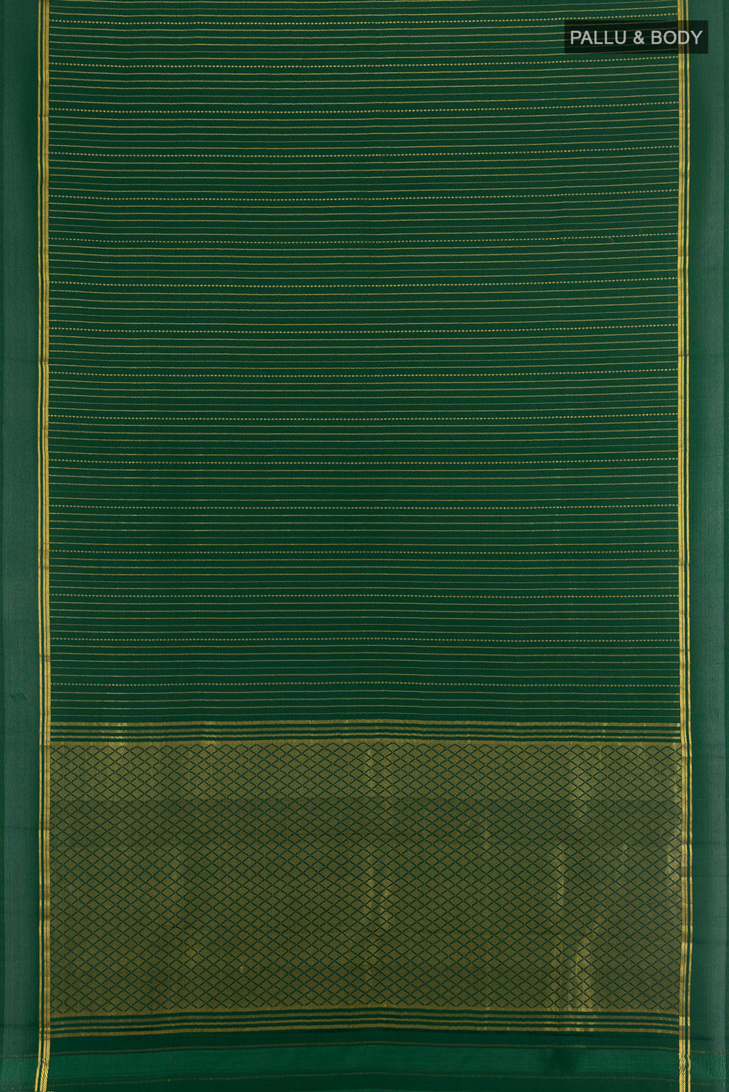 Flat view of Bottle Green Mysore Crepe Saree with Stripes on the body and Plain Border. 