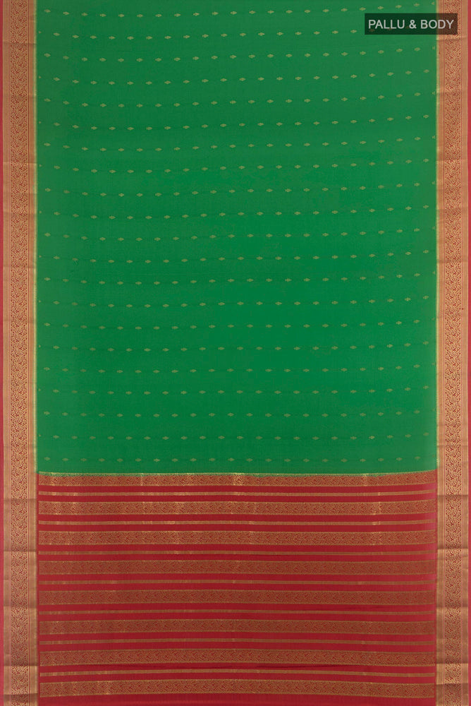 Flat view of Mint Green Mysore Crepe Saree with Zari Butta on the body and Zari Border. 