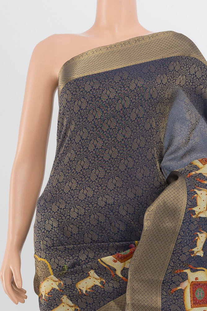 Border image of Navy Blue Mysore Georgette Saree with Zari Butta on the body and Silk Border. 