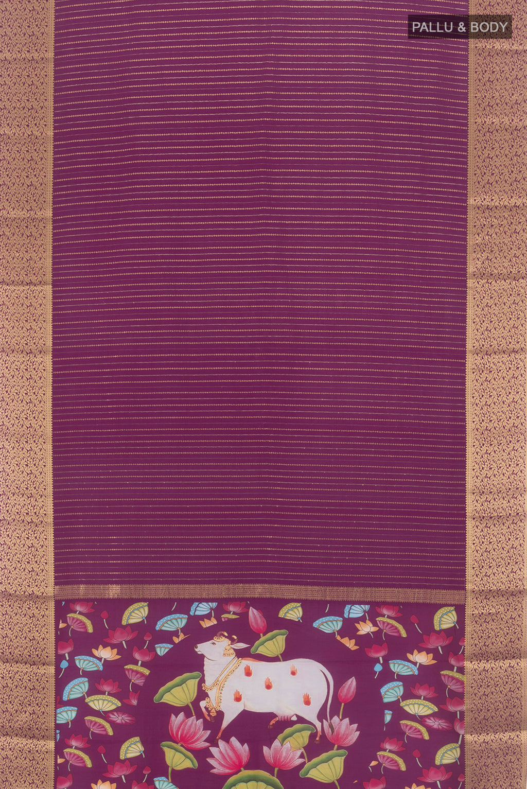 Flat view of Purple Mysore Crepe Saree with Stripes on the body and Zari Border. 