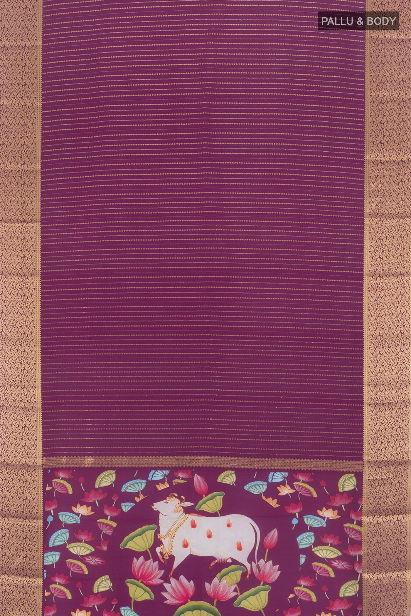Flat view of Purple Mysore Crepe Saree with Stripes on the body and Zari Border. 