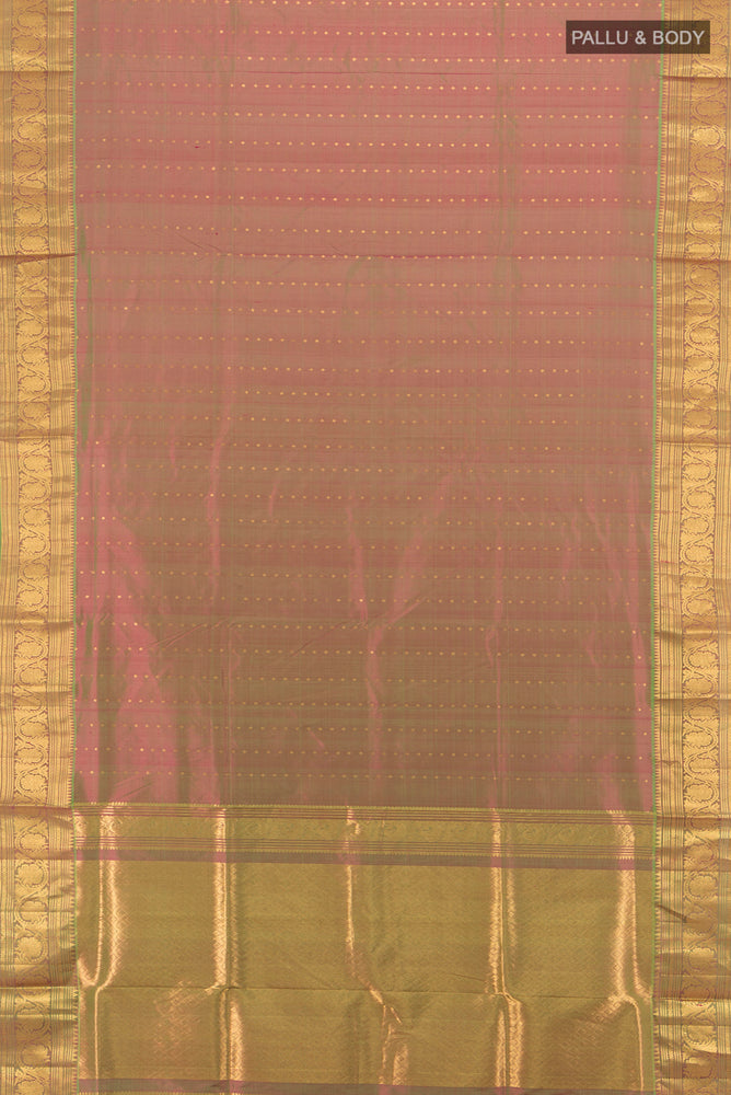 Flat view of Light Green Kanjivaram Silk Saree with Zari Butta on the body and Silk Border. 