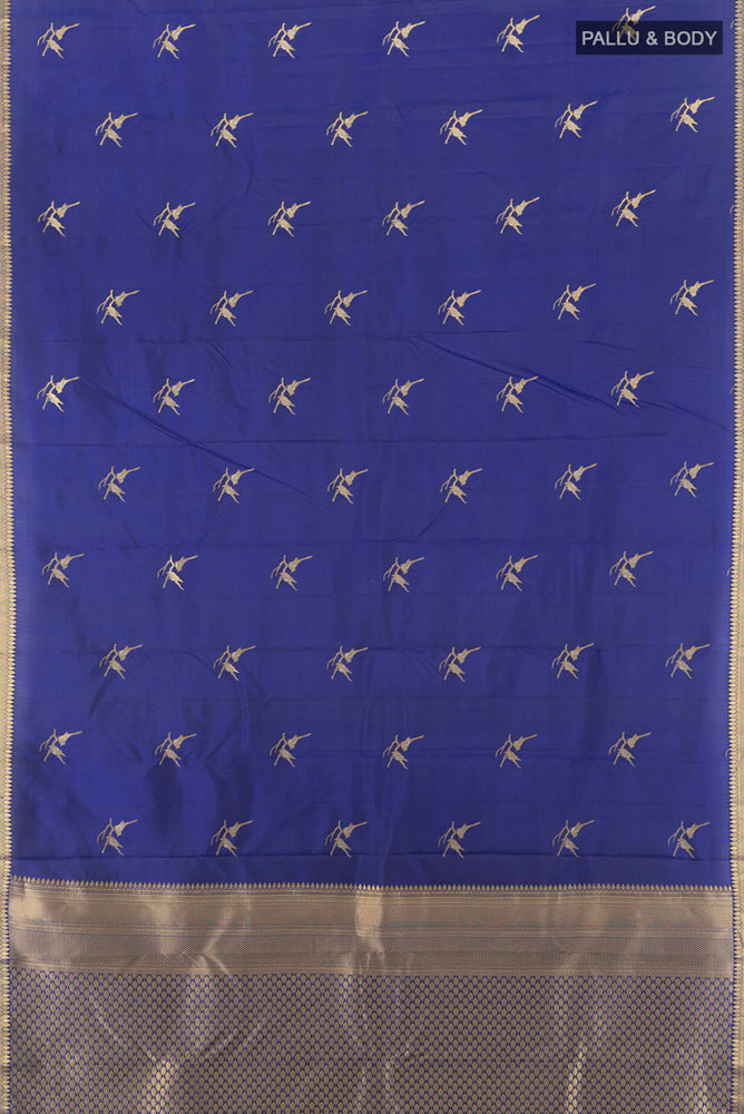Flat view of Pure Silk Pure Zari Dark Blue Kanchipuram Saree with Zari Butta on the body and Silk Border. 