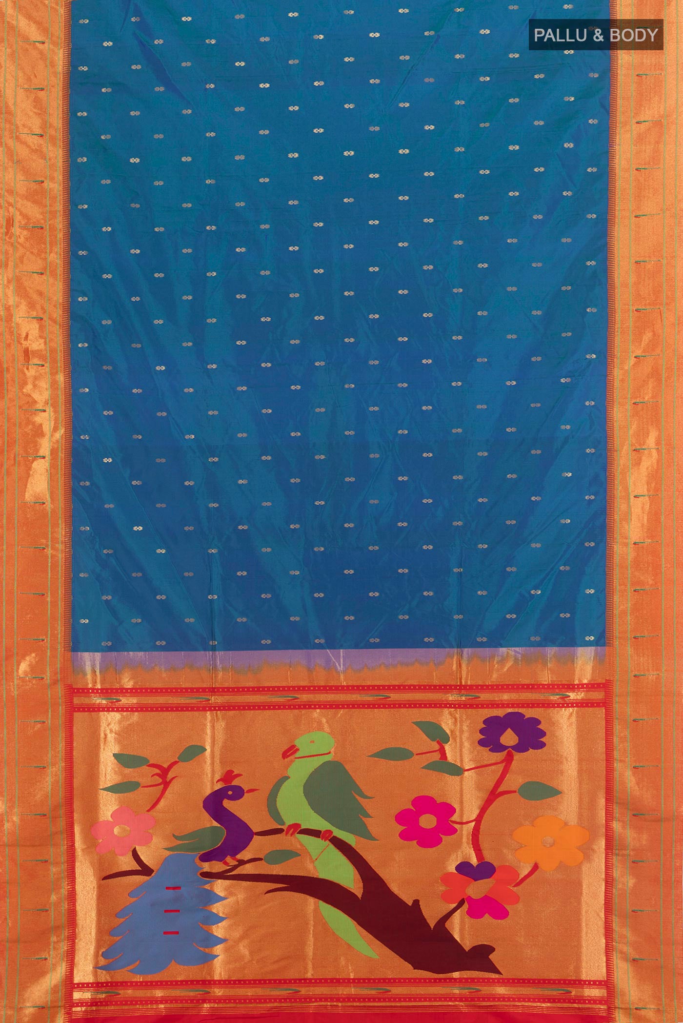 Flat view of Peacock Blue Paithani Silk Saree with Zari Butta on the body and Paithani Border. 