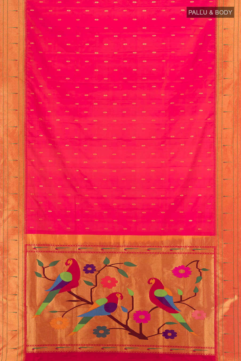 Flat view of Golden Peach Soft Silk Saree with Zari Butta on the body and Silk Border. 