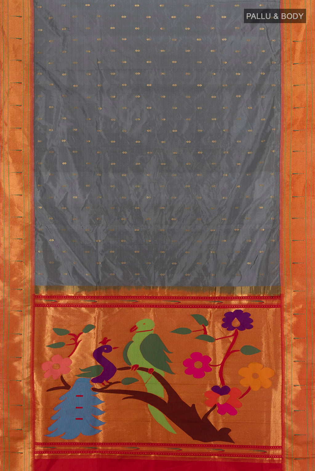 Flat view of Grey Paithani Silk Saree with Zari Butta on the body and Paithani Border. 