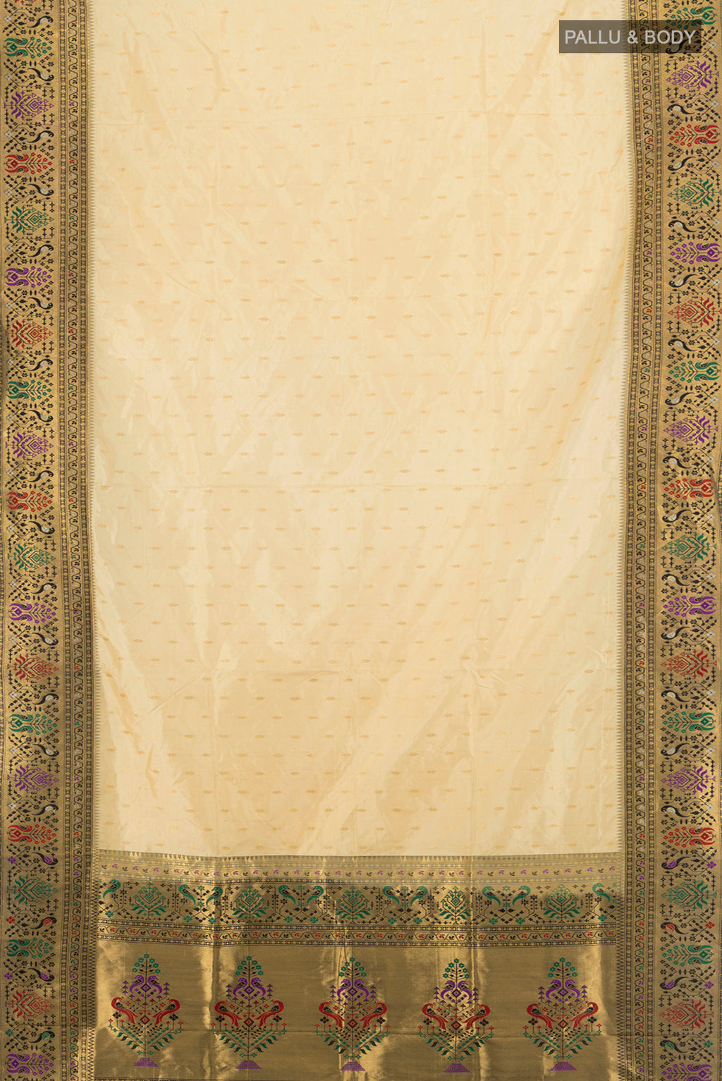 Flat view of Cream Soft Silk Saree with Zari Butta on the body and Silk Border. 