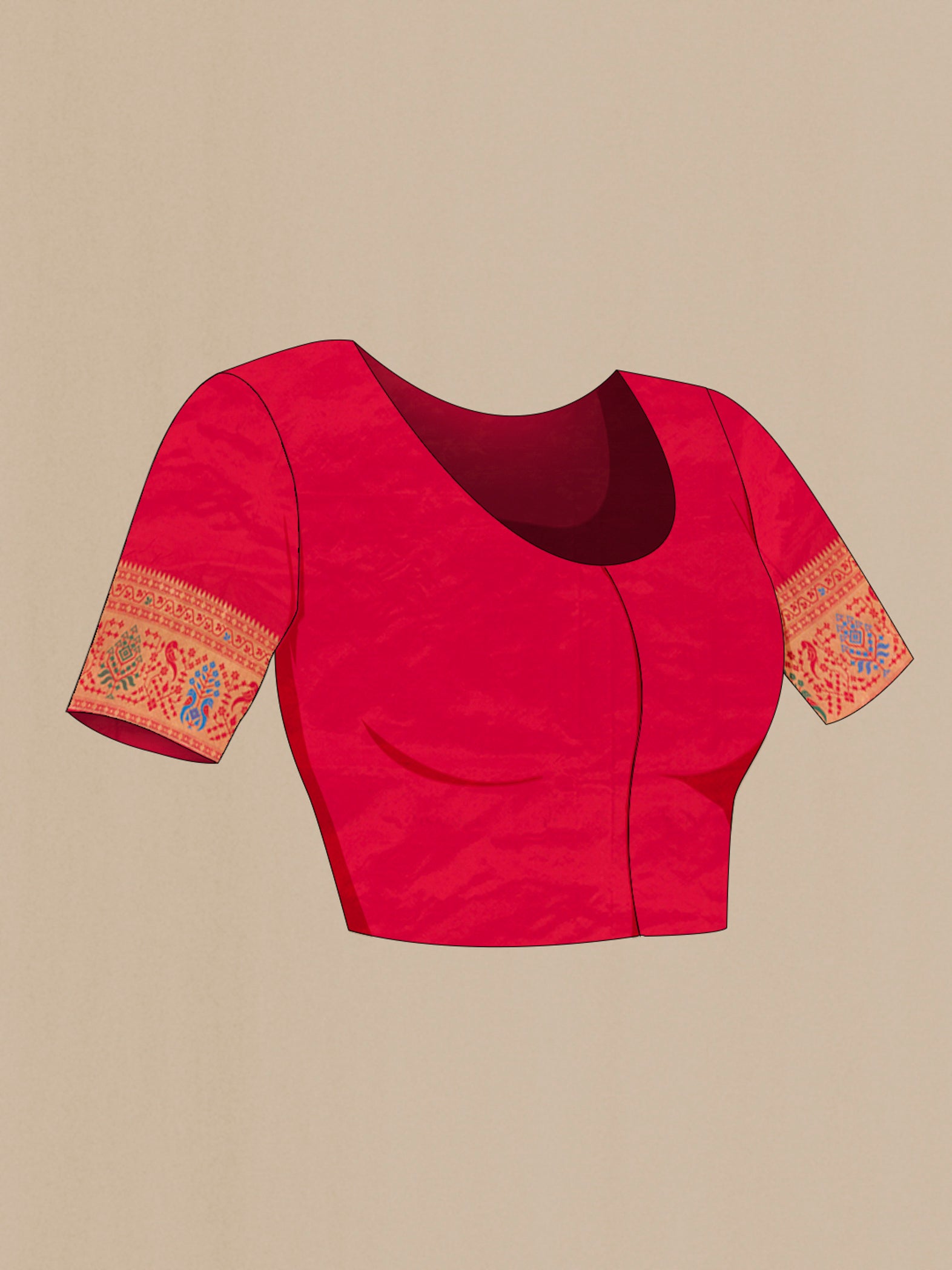 Close up image of the blouse of Cream Soft Silk Saree with Zari Butta on the body and Silk Border. 
