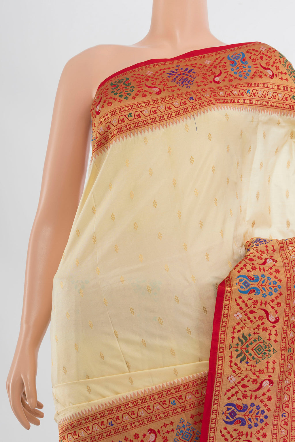 Border image of Cream Soft Silk Saree with Zari Butta on the body and Silk Border. 