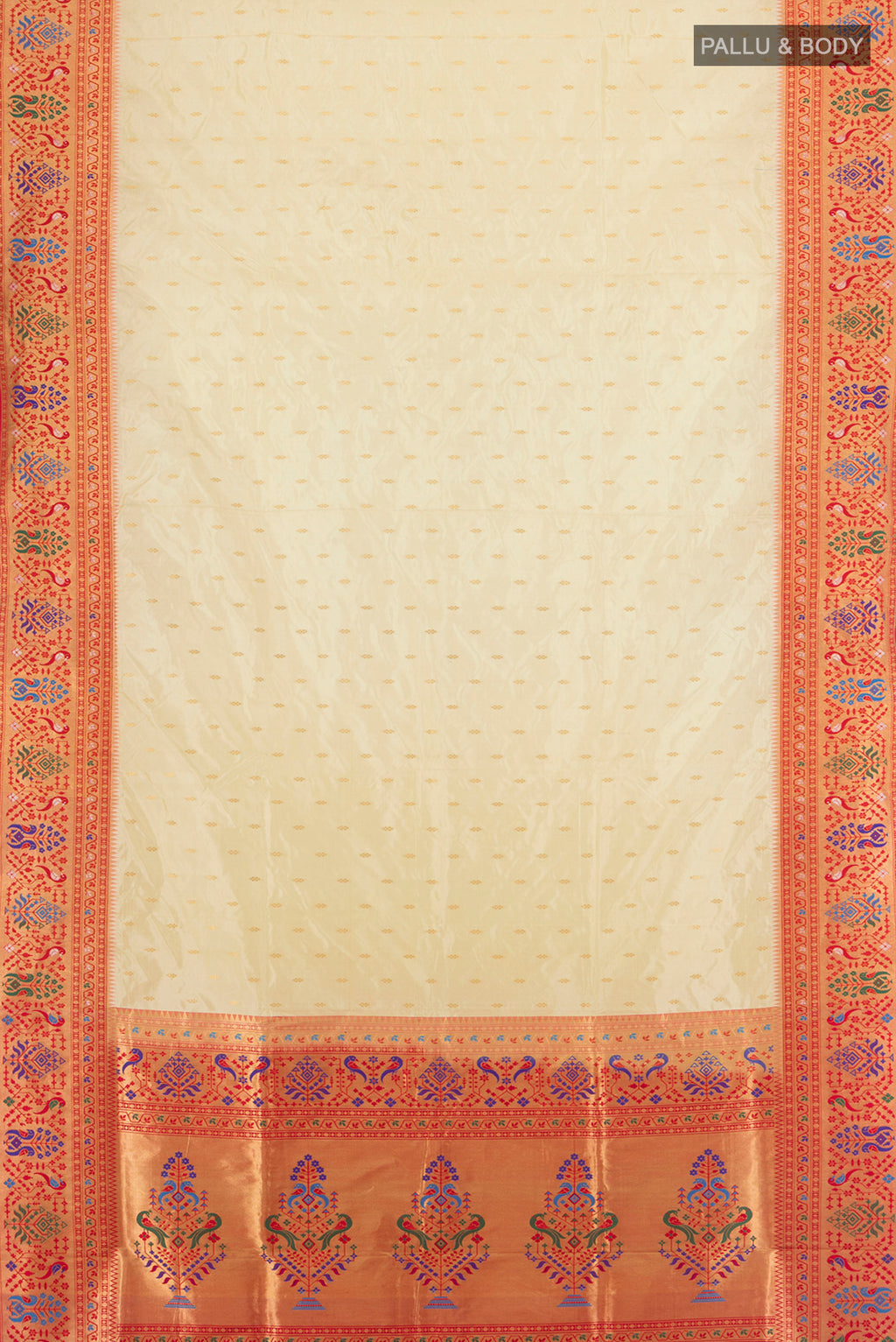 Flat view of Cream Soft Silk Saree with Zari Butta on the body and Silk Border. 