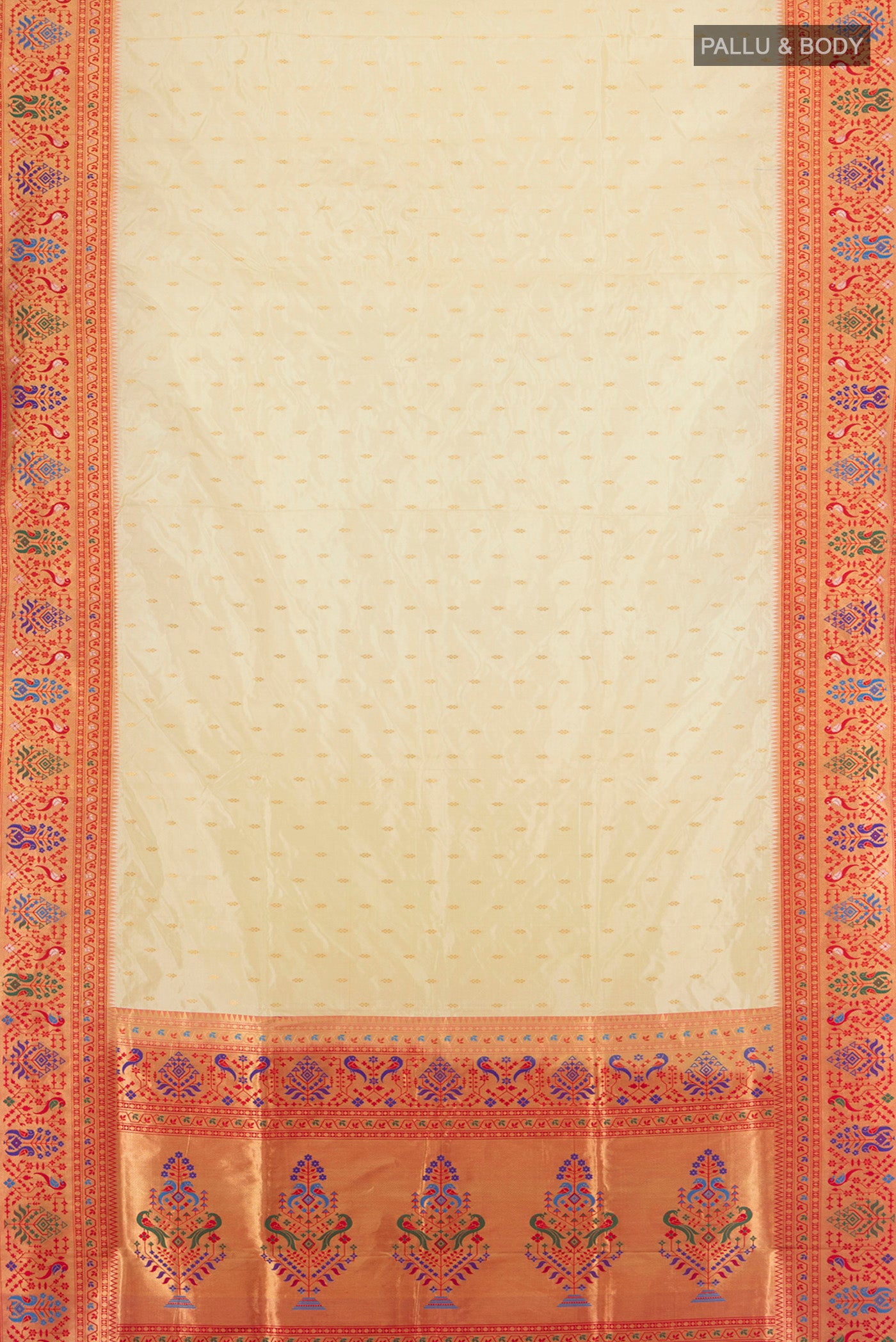 Flat view of Cream Soft Silk Saree with Zari Butta on the body and Silk Border. 