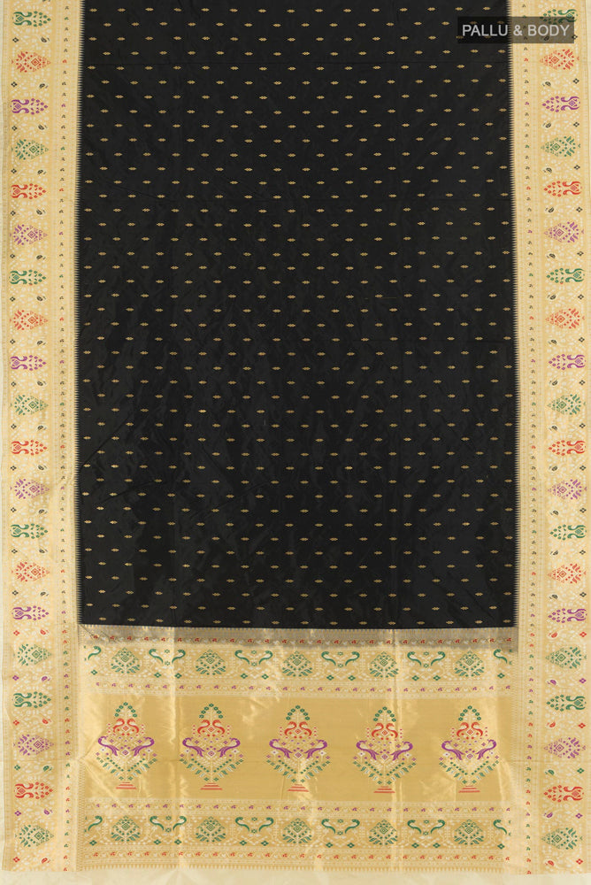 Flat view of Black Paithani Silk Saree with Zari Butta on the body and Silk Border. 