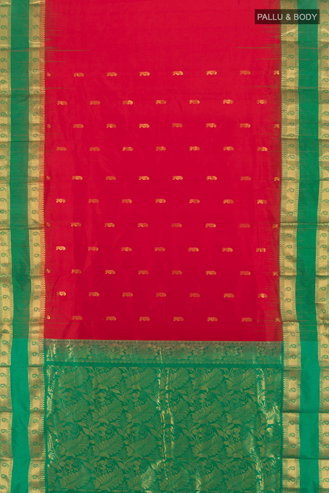 Flat view of Pure Silk Pure Zari Red Bangalore - kadyal Saree with Zari Butta on the body and Silk Border. 