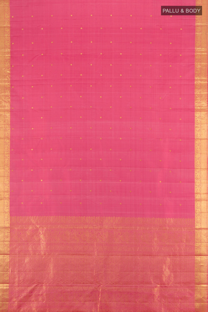 Flat view of Pure Silk Pure Zari Peach Kanjivaram Saree with Zari Butta on the body and Silk Border. 