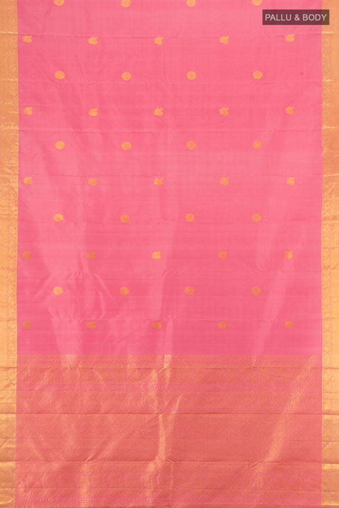 Flat view of Pure Silk Pure Zari Peach Kanjivaram Saree with Zari Butta on the body and Silk Border. 