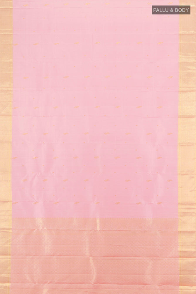 Flat view of Pure Silk Pure Zari Rose Gold Kanjivaram Saree with Zari Butta on the body and Silk Border. 
