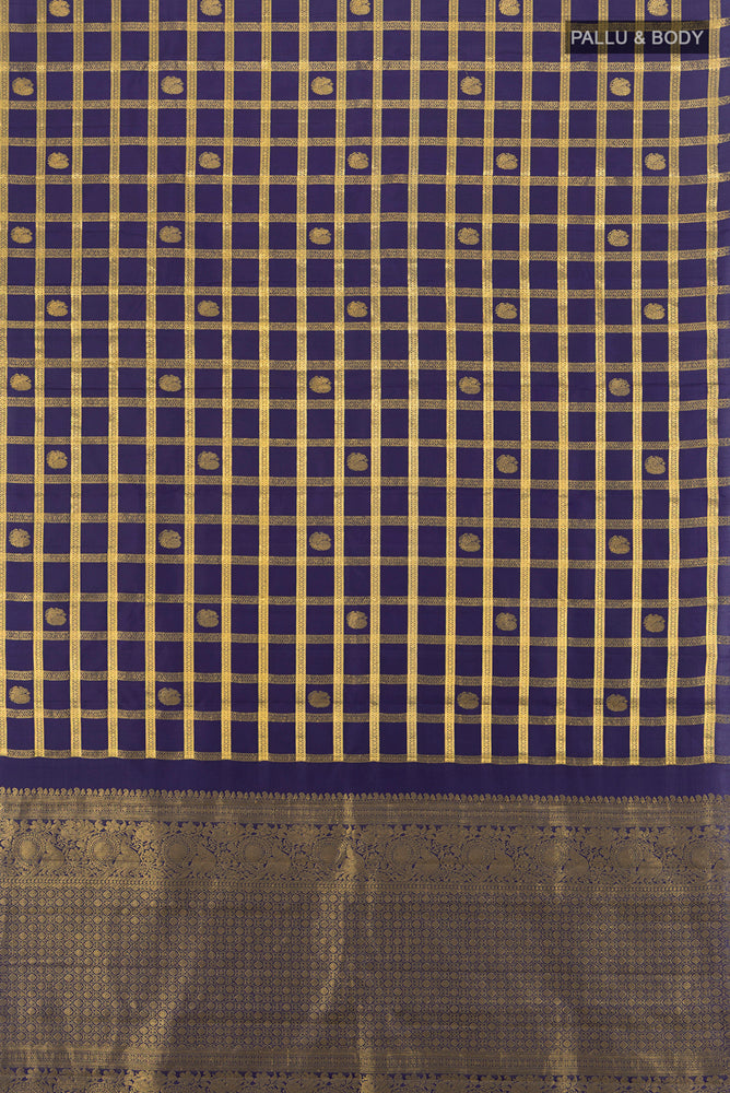 Flat view of Pure Silk Pure Zari Navy Blue Kanjivaram Saree with Zari Brocade on the body and Silk Border. 