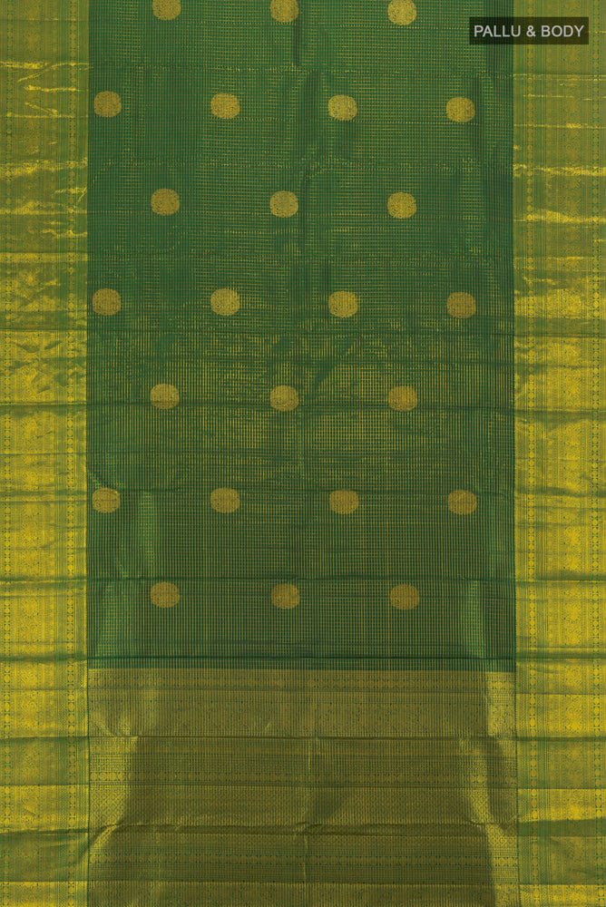 Flat view of Mint Green Kanjivaram Silk Saree with Zari Butta on the body and Silk Border. 