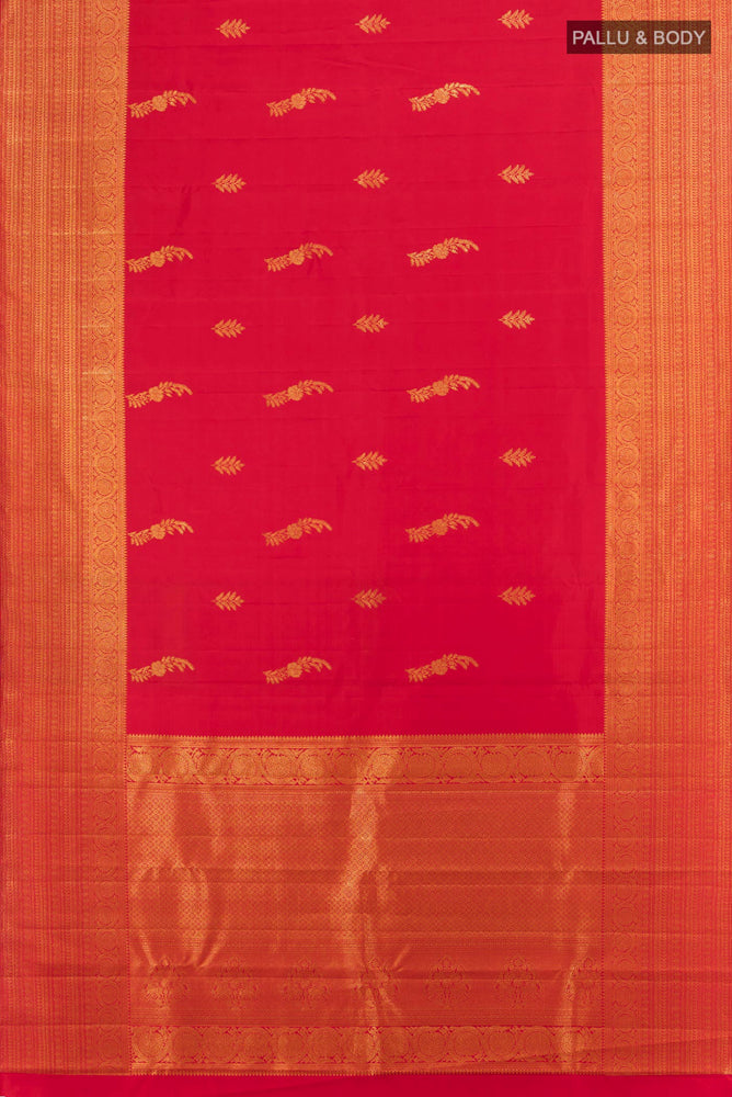 Flat view of Red Kanjivaram Silk Saree with Zari Butta on the body and Silk Border. 