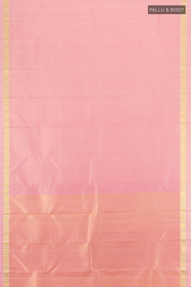 Flat view of Pure Silk Pure Zari Rose Gold Kanjivaram Saree with Zari Brocade on the body and Silk Border. 