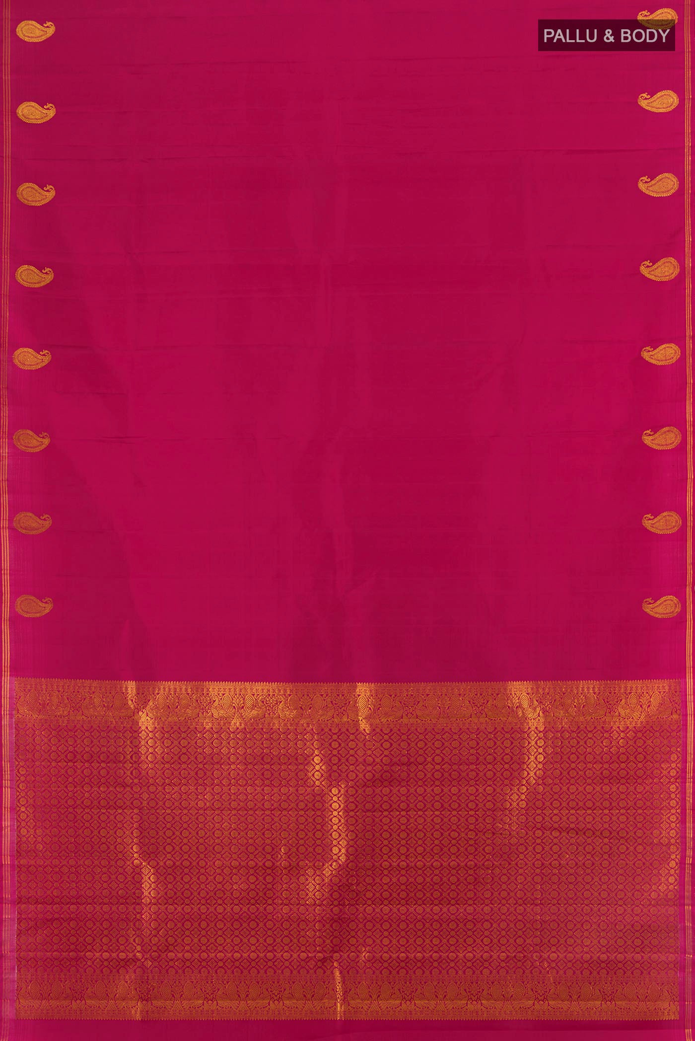 Flat view of Dark Pink Kanchipuram Silk Saree with Plain Body and Thin Zari Line. 
