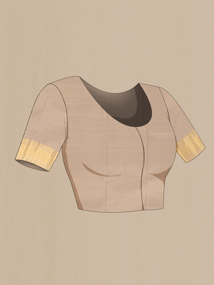 Close up image of the blouse of Dark Beige Kanjivaram Silk Saree with Zari Butta on the body and Silk Border. 