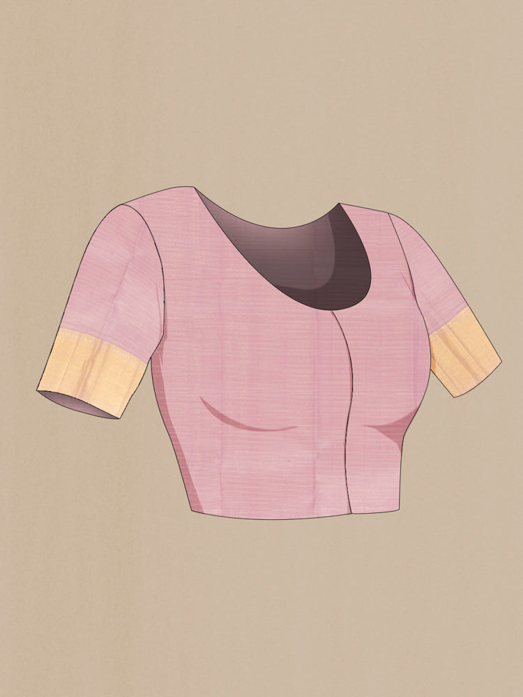 Close up image of the blouse of Rose pink Kanjivaram Silk Saree with Zari Butta on the body and Silk Border. 