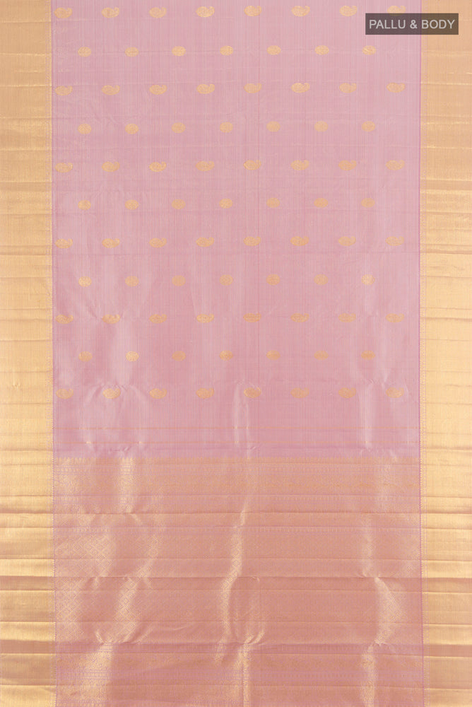 Flat view of Rose pink Kanjivaram Silk Saree with Zari Butta on the body and Silk Border. 