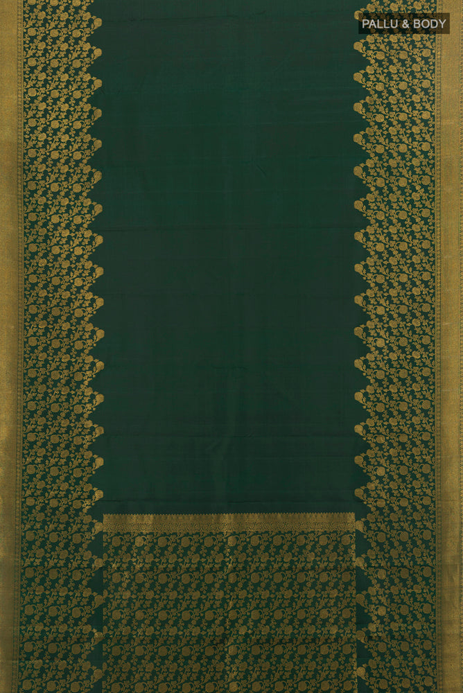 Flat view of Pure Silk Pure Zari Mint Green Kanchipuram Saree with Zari Brocade on the body and Silk Border. 