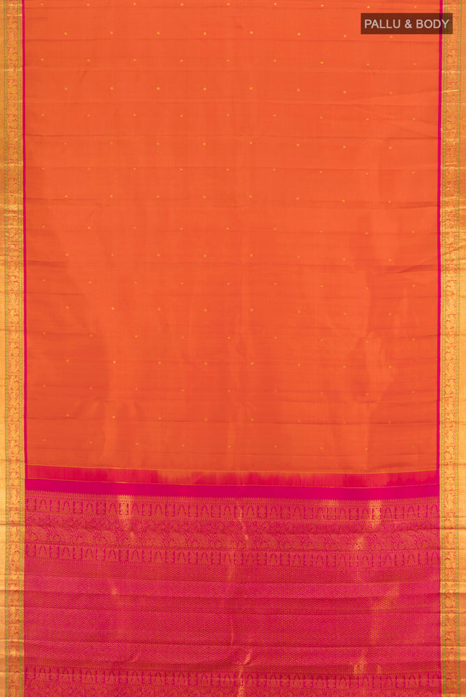 Flat view of Pure Silk Pure Zari Rust Kanjivaram Saree with Zari Butta on the body and Silk Border. 