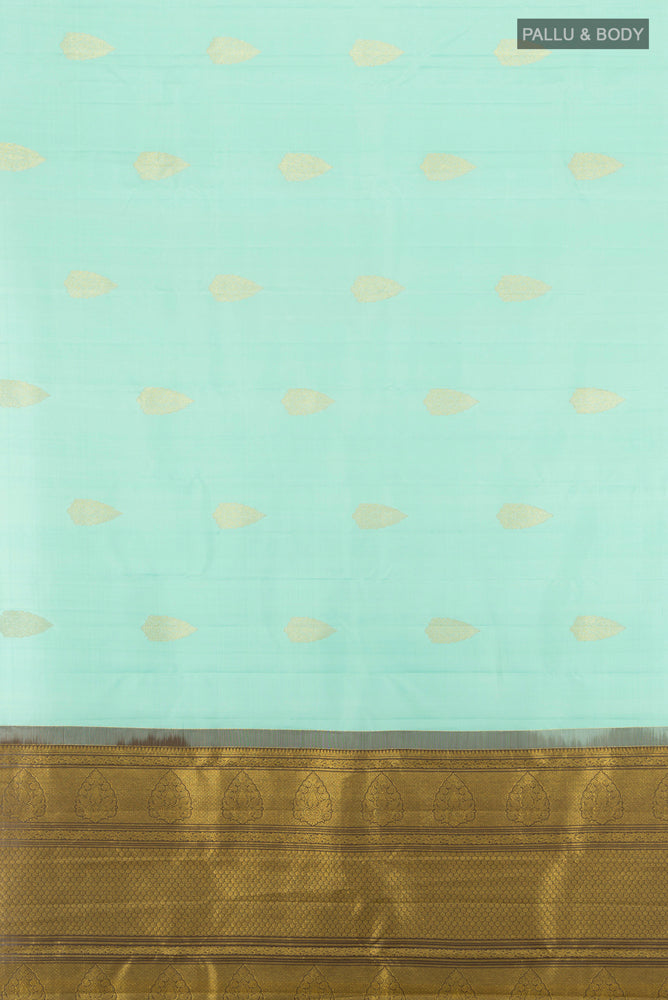 Flat view of Pure Silk Pure Zari Sky Blue Kanchipuram Saree with Zari Butta on the body and Silk Border. 