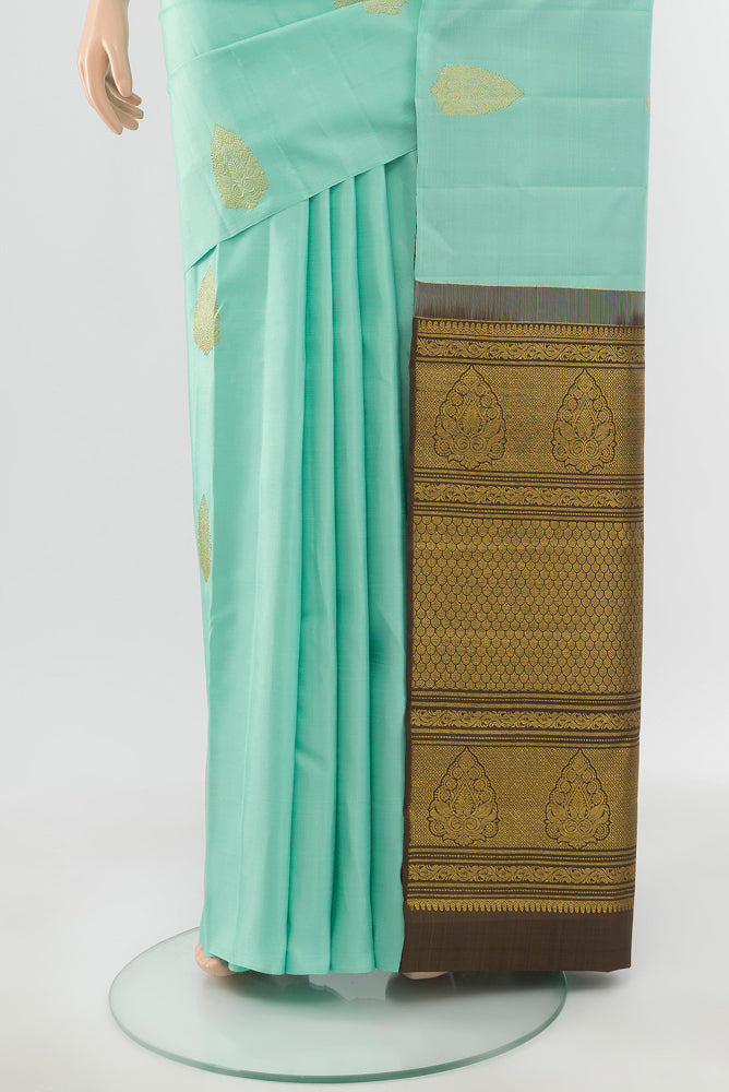 Pleats and pallu of Pure Silk Pure Zari Sky Blue Kanchipuram Saree with Zari Butta on the body and Silk Border. 