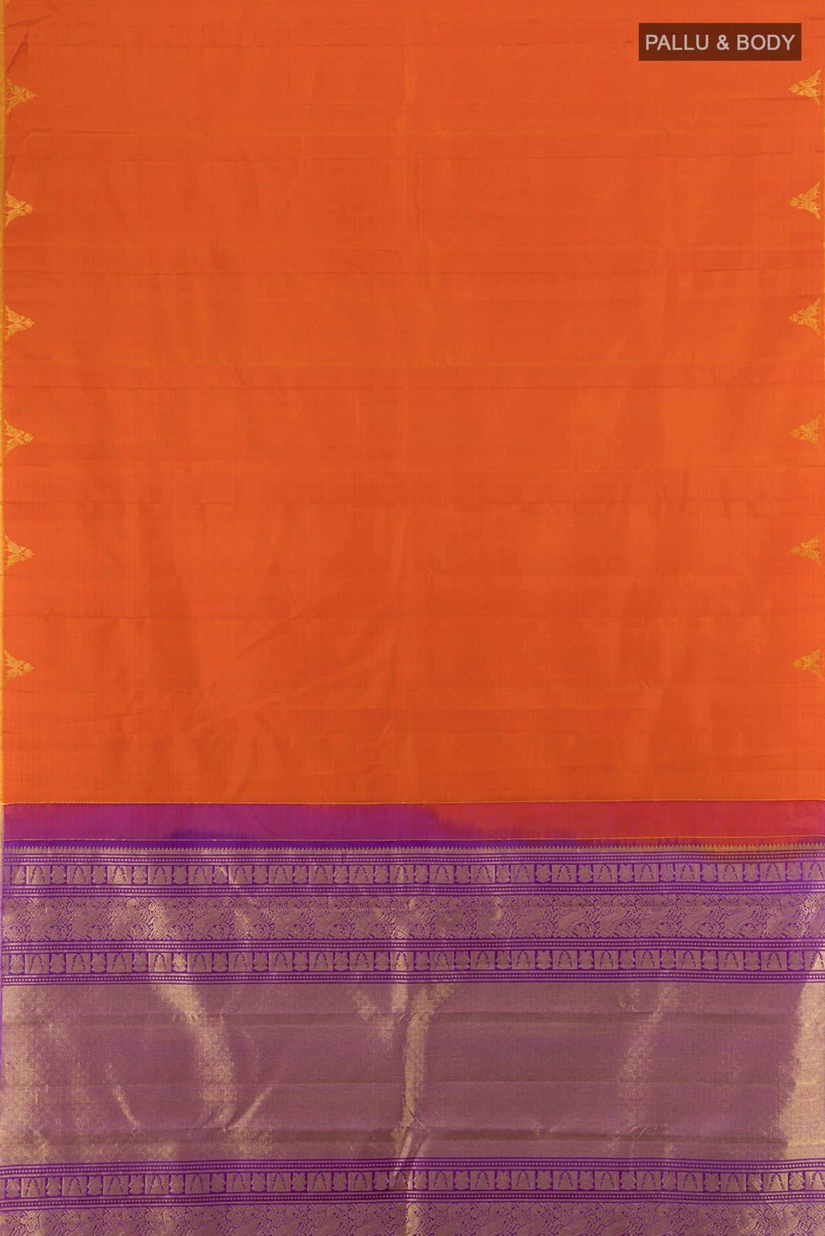 Flat view of Orange Kanchipuram Silk Saree with Zari Butta on the body and Zari Border. 