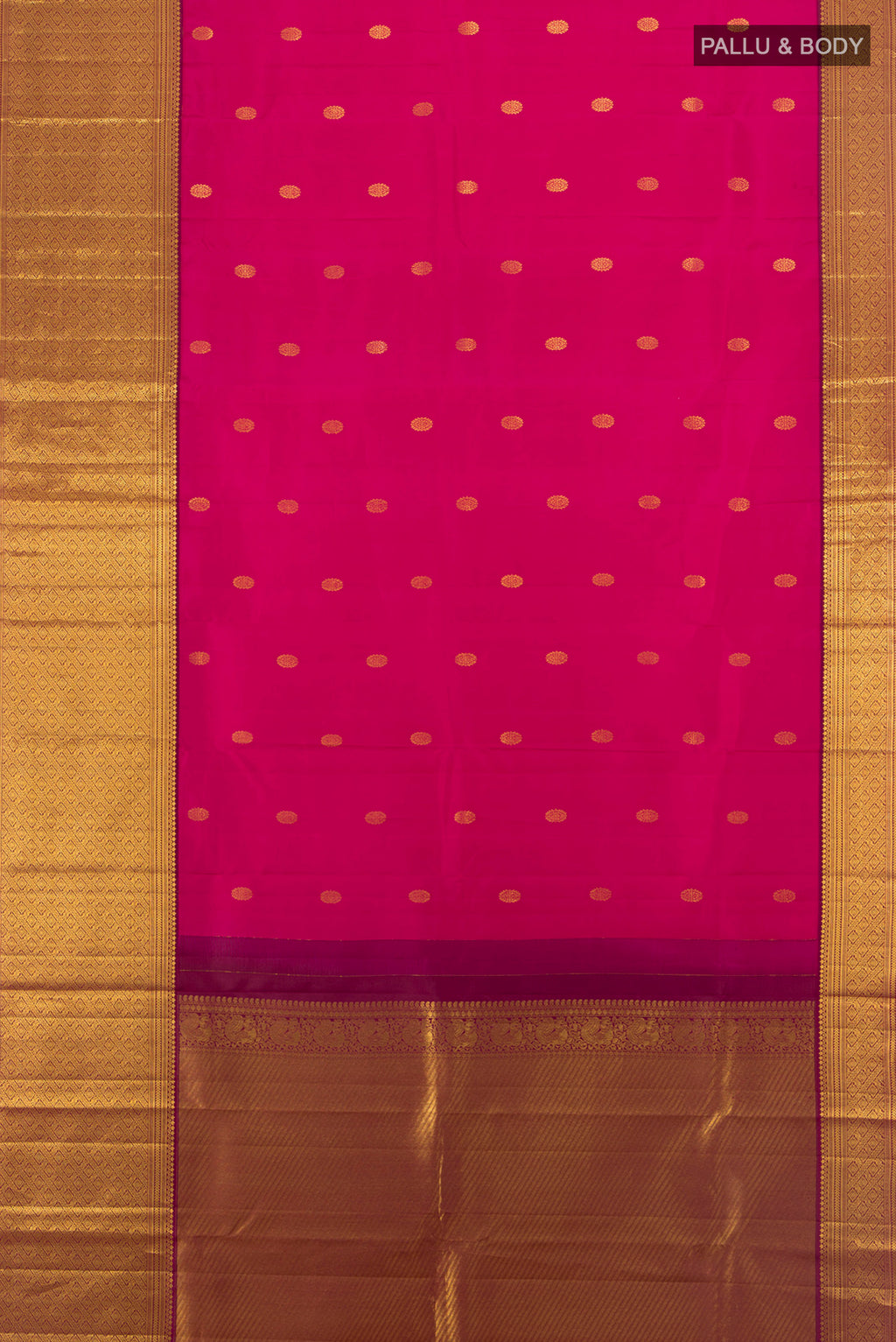 Flat view of Dark Pink Kanjivaram Silk Saree with Zari Butta on the body and Zari Border. 