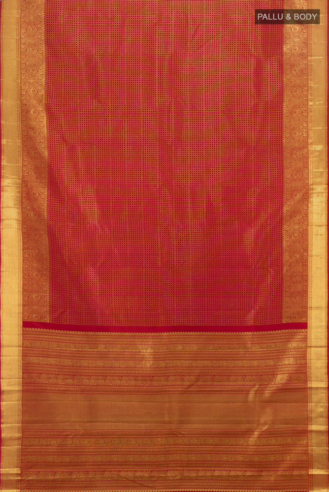Flat view of Pure Silk Pure Zari Maroon Kanjivaram Saree with Zari Butta on the body and Silk Border. 