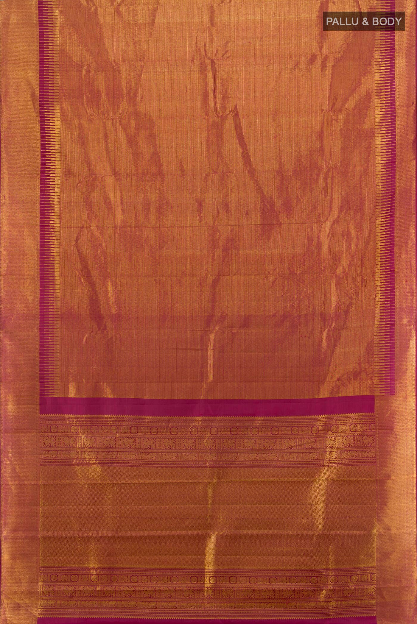 Flat view of Maroon Kanjivaram Silk Saree with Zari Brocade on the body and Zari Border. 
