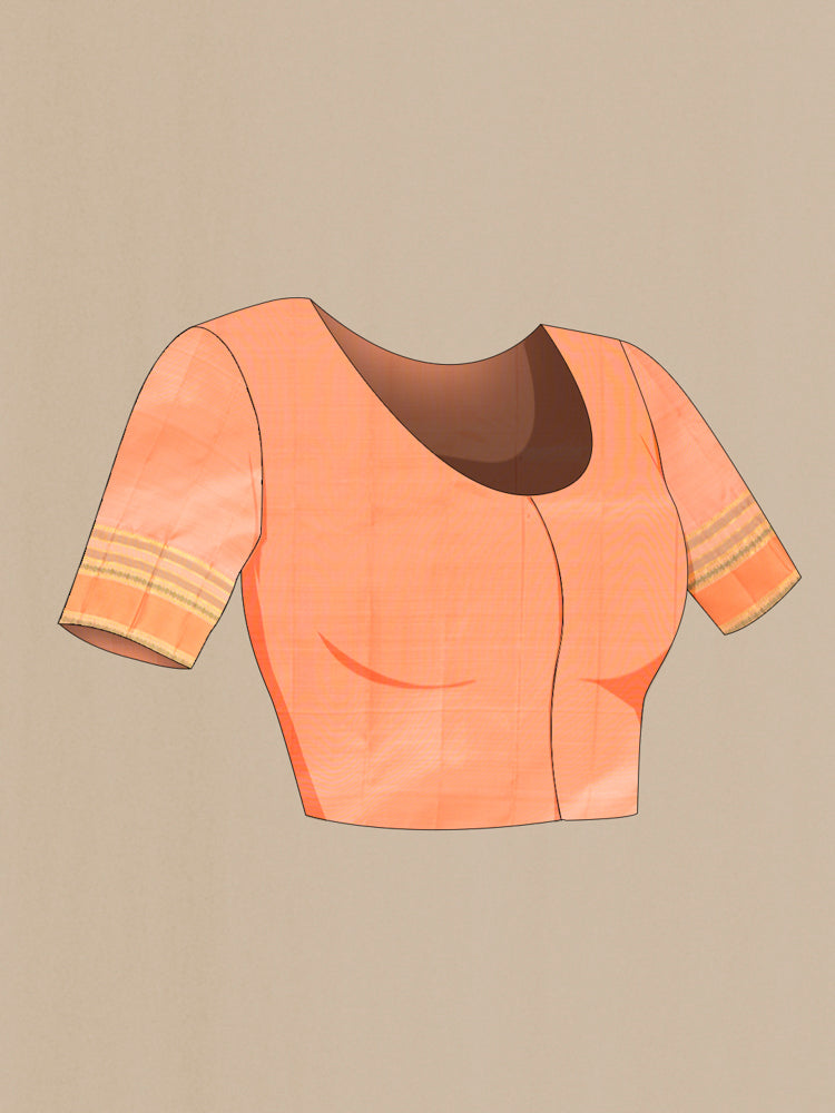 Close up image of the blouse of Pure Silk Pure Zari Rust Kanjivaram Saree with Zari Butta on the body and Silk Border. 