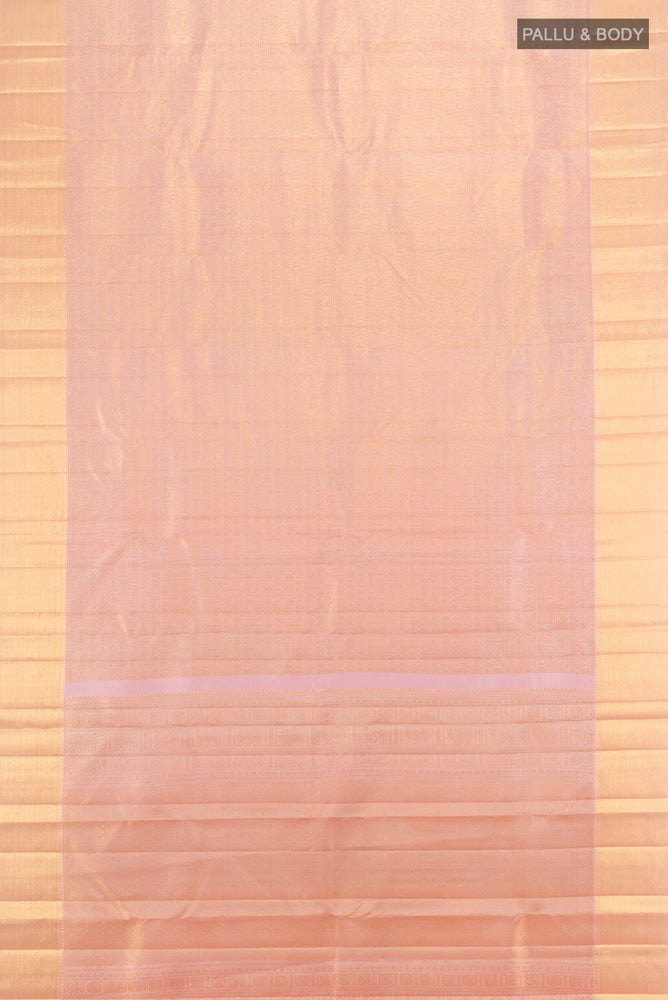 Flat view of Pure Silk Pure Zari Golden Kanjivaram Saree with Zari Brocade on the body and Silk Border. 