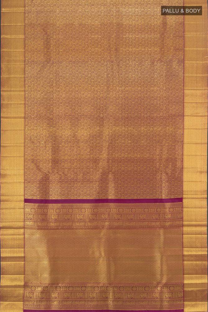 Flat view of Pure Silk Pure Zari Golden Kanjivaram Saree with Zari Butta on the body and Silk Border. 