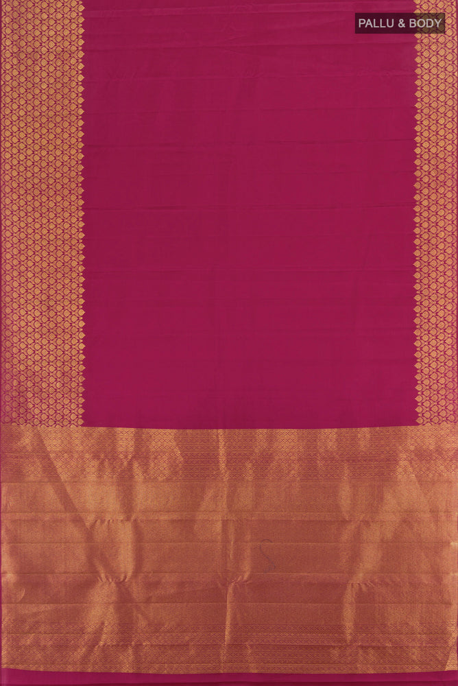 Flat view of Pure Silk Pure Zari Purple Kanjivaram Saree with Zari Butta on the body and Silk Border. 