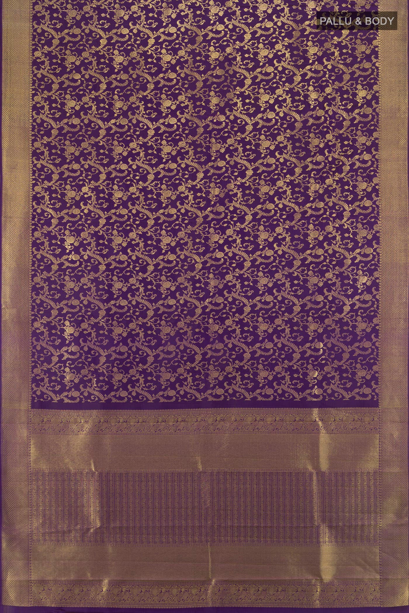 Flat view of Violet Kanjivaram Silk Saree with Zari Brocade on the body and Zari Border. 