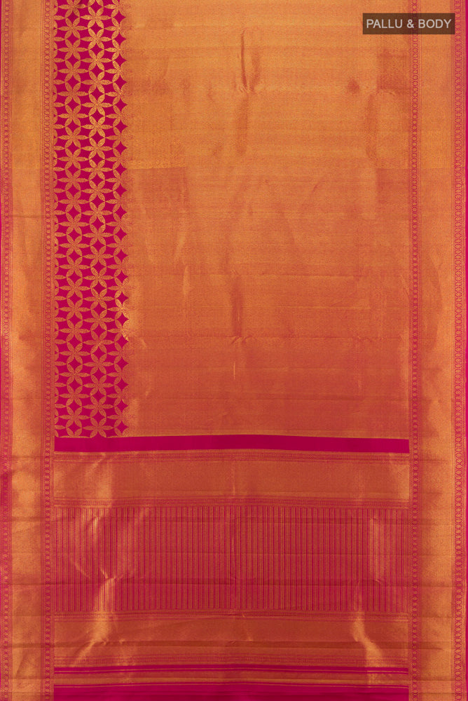 Flat view of Pure Silk Pure Zari Maroon Kanjivaram Saree with Zari Butta on the body and Silk Border. 