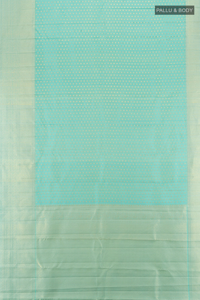 Flat view of Pure Silk Pure Zari Sky Blue Kanjivaram Saree with Zari Butta on the body and Silk Border. 