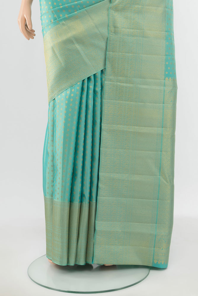 Pleats and pallu of Pure Silk Pure Zari Sky Blue Kanjivaram Saree with Zari Butta on the body and Silk Border. 