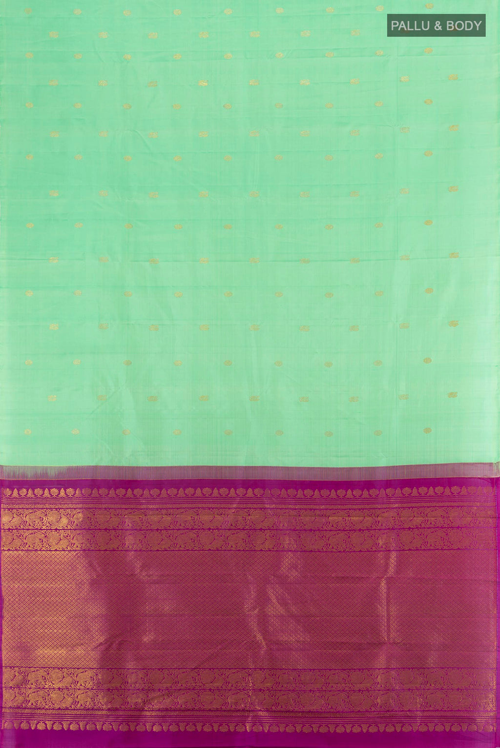 Flat view of Mint Green Kanchipuram Silk Saree with Zari Butta on the body and Without Border. 