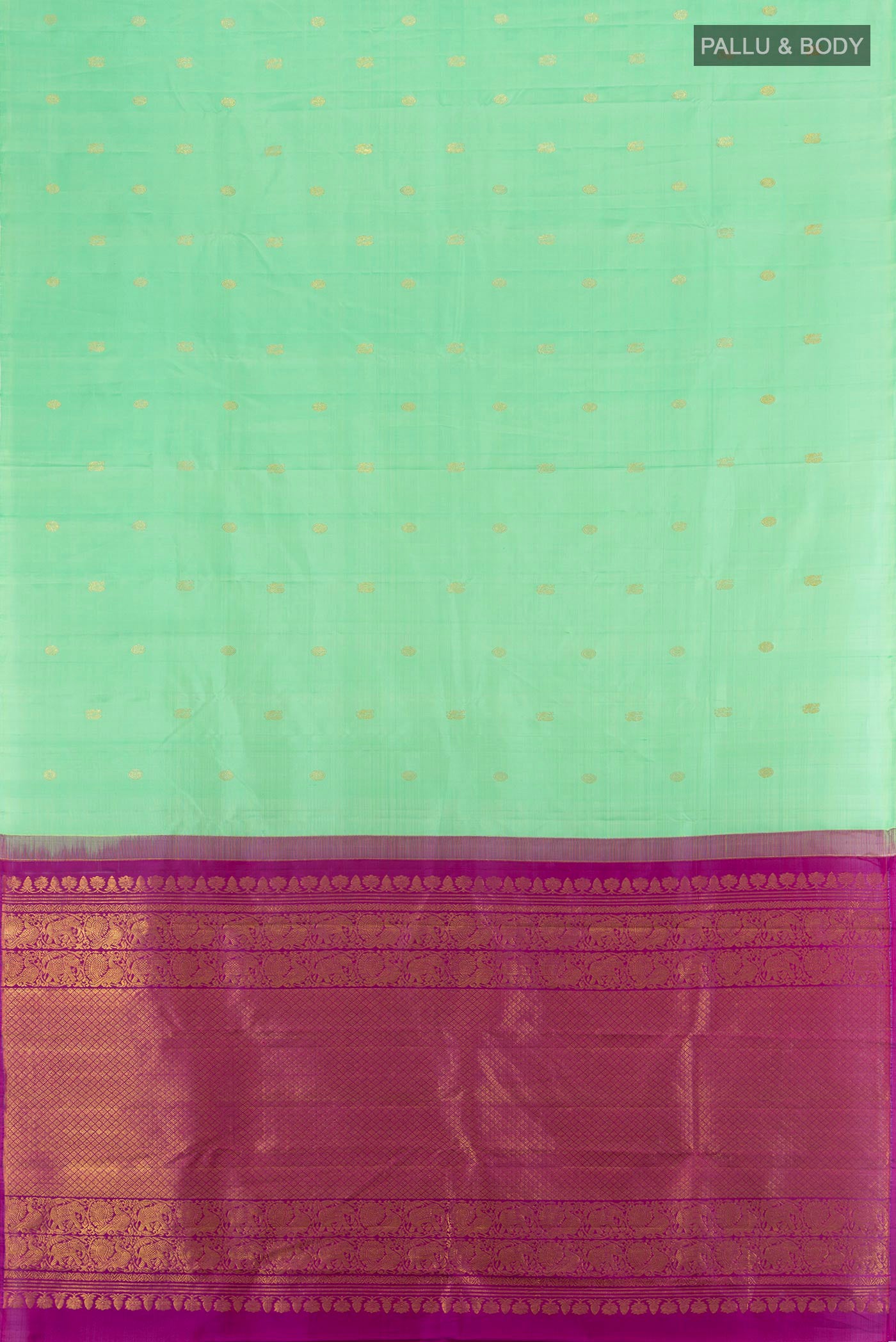 Flat view of Mint Green Kanchipuram Silk Saree with Zari Butta on the body and Without Border. 