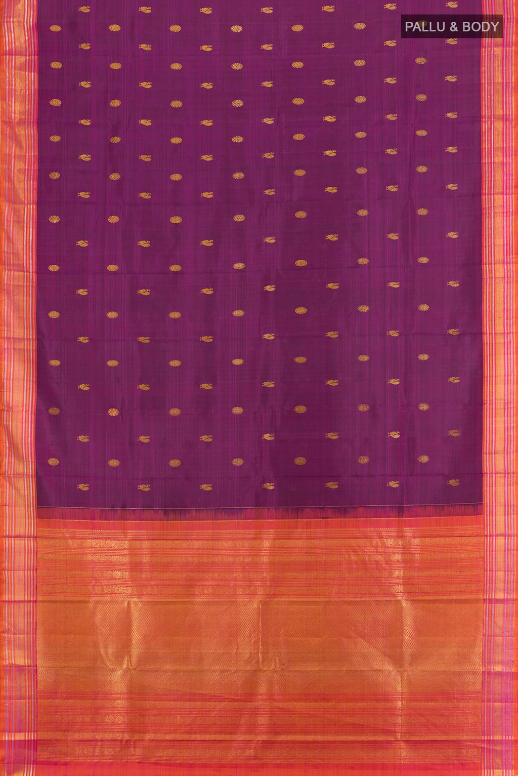 Flat view of Purple Kanjivaram Silk Saree with Zari Butta on the body and Zari Border. 