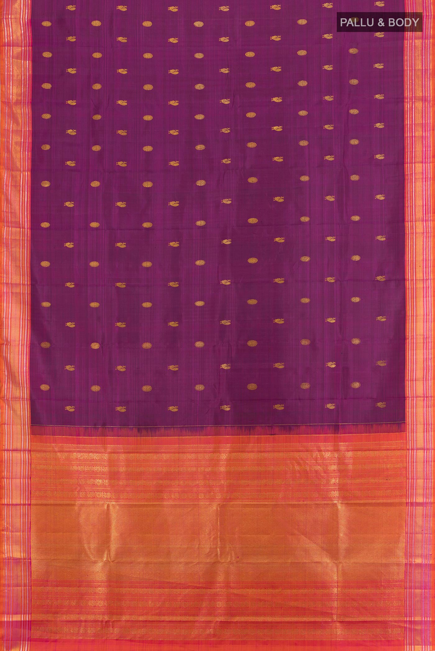 Flat view of Purple Kanjivaram Silk Saree with Zari Butta on the body and Zari Border. 